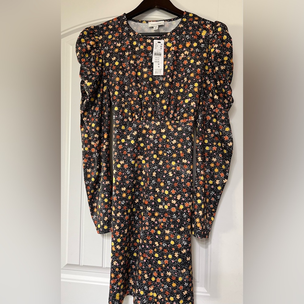 Topshop mini black floral dress. Puff, long sleeves. New